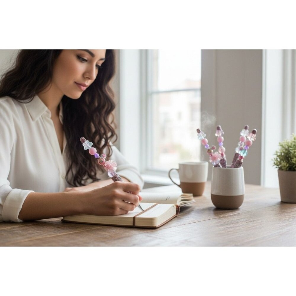 Handcrafted Beaded Ballpoint Pen With Pink & Purple Accents Glitter Details And